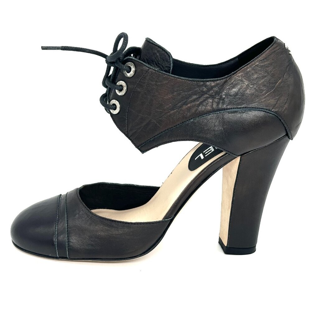CHANEL 12C Cinema Lace Up Leather D'Orsay Pumps Sandals Shoes Heels Black - Picture 2 of 16